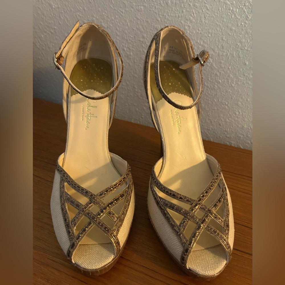 Perfect Summer Heel! Ivory Canvas & Snakeskin Trim Platform Peep Toe (Size 9)